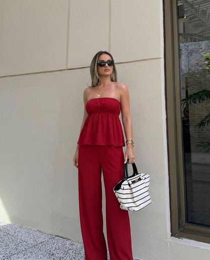 Cherry Red Bandeau Top And Pants Co Ord Set