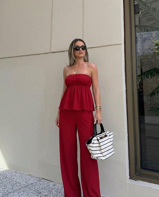 Cherry Red Bandeau Top And Pants Co Ord Set