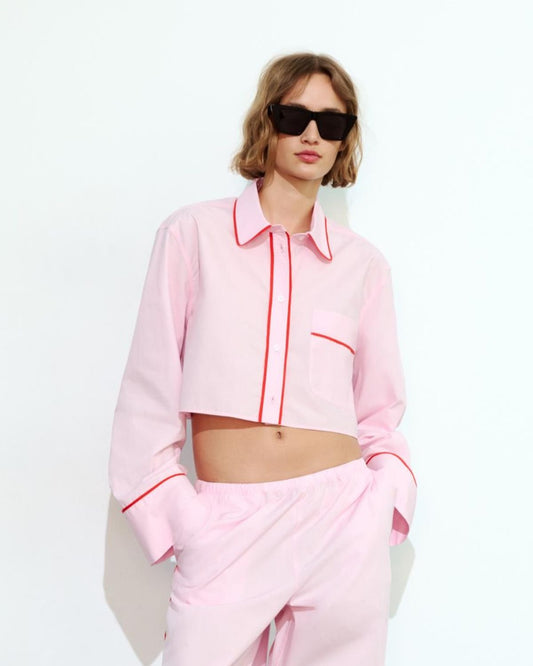 solid-crop-shirt-pink,CROP SHIRT FOR BARBIE,topwear,shirts,outdoor events,streetwear,woven,poplin,pink,solid,contrast,relaxed fit,crop,shirt collar,drop shoulder,long sleeves