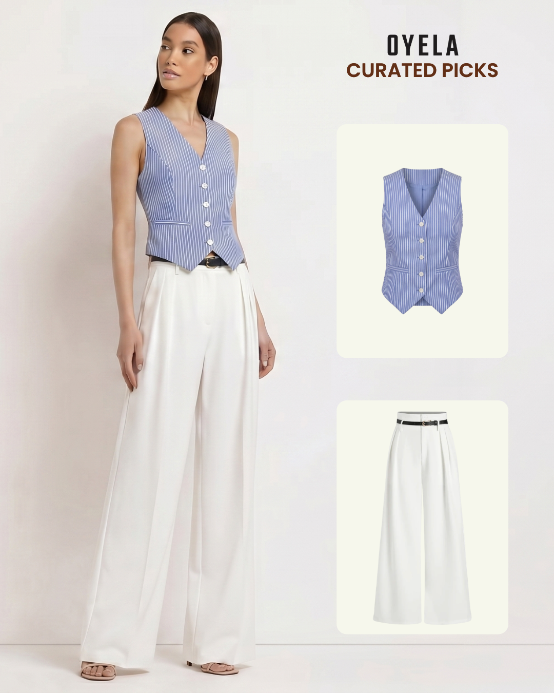 Pinstripes Blue Cotton Waistcoat and White Pleated Pants With Belt