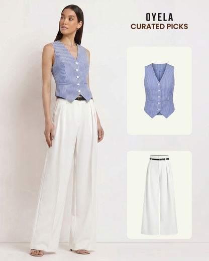 Pinstripes Blue Cotton Waistcoat and White Pleated Pants With Belt