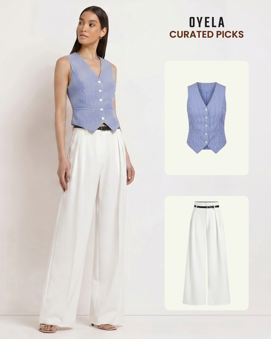 Pinstripes Blue Cotton Waistcoat and White Pleated Pants With Belt