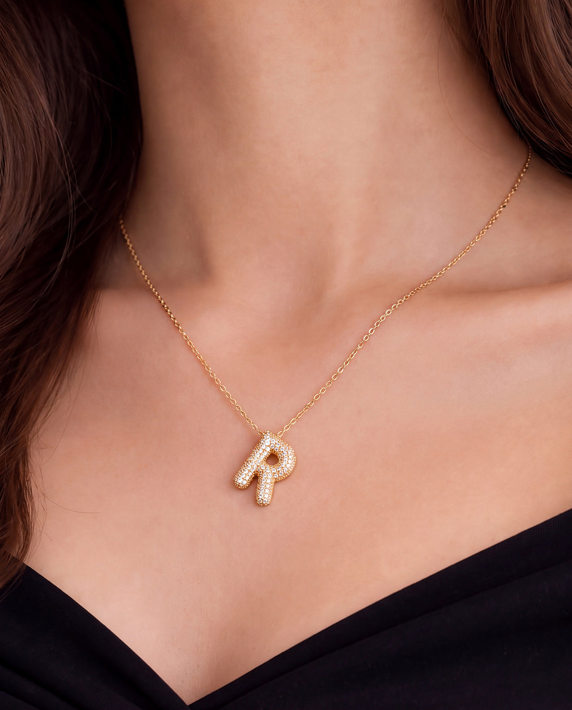 The R Rhinestone Anti Tarnish Necklace - Gold