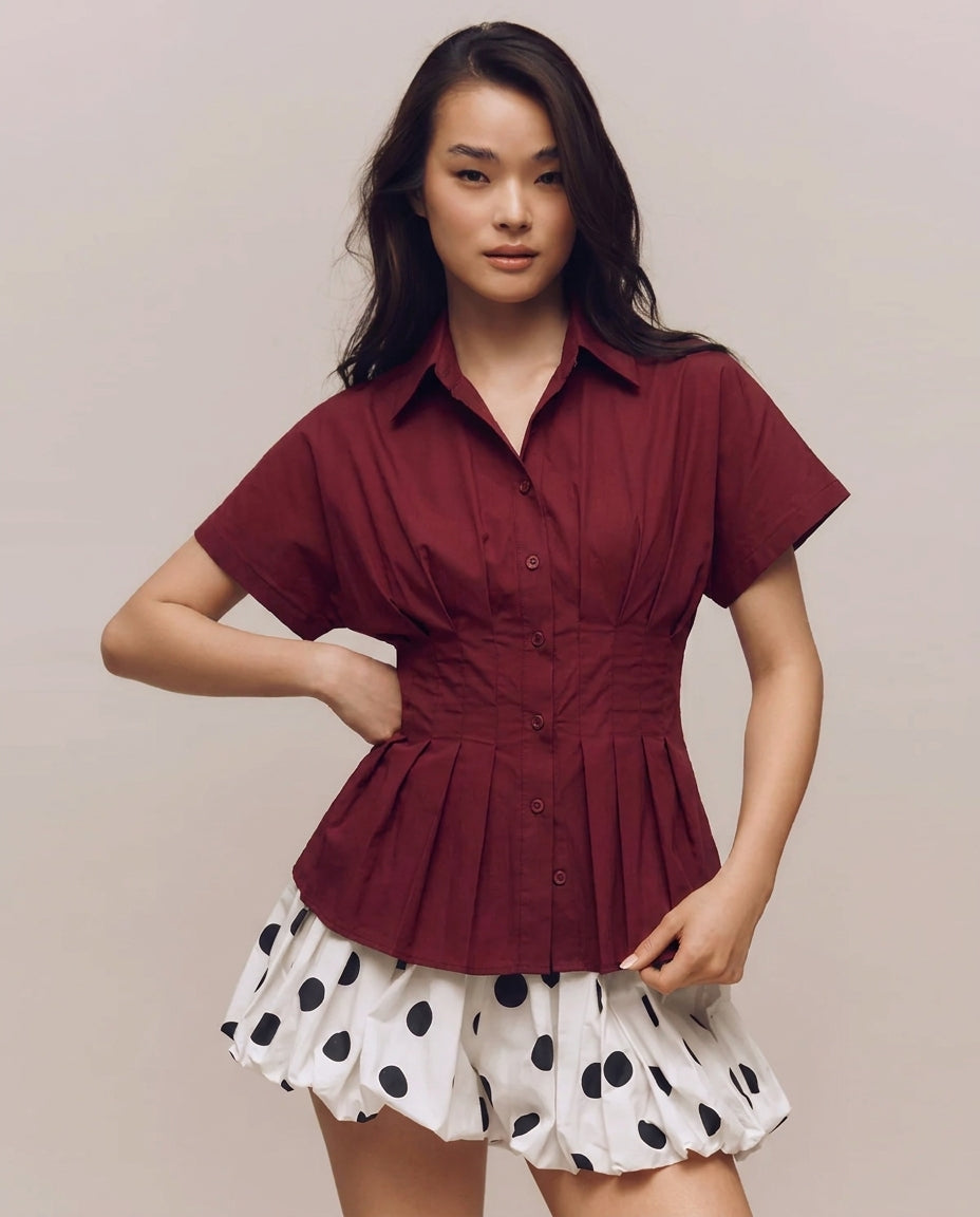 Pleated Cinched Waist Cotton Shirt - Burgundy