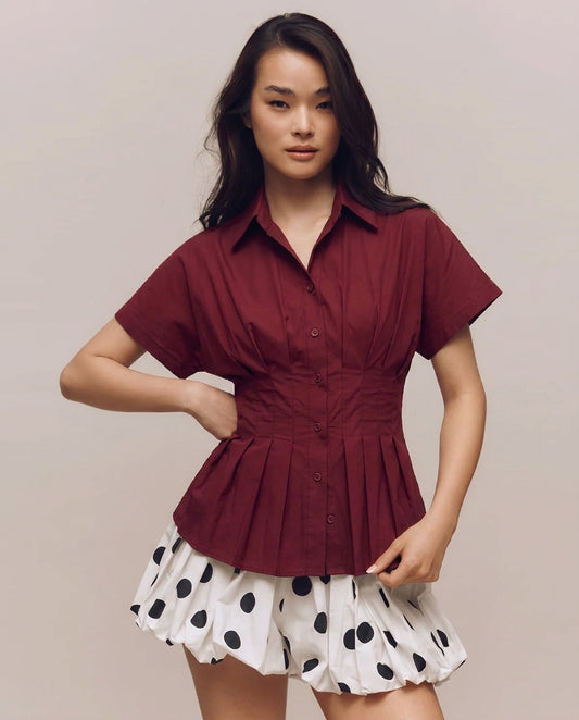 Pleated Cinched Waist Cotton Shirt - Burgundy