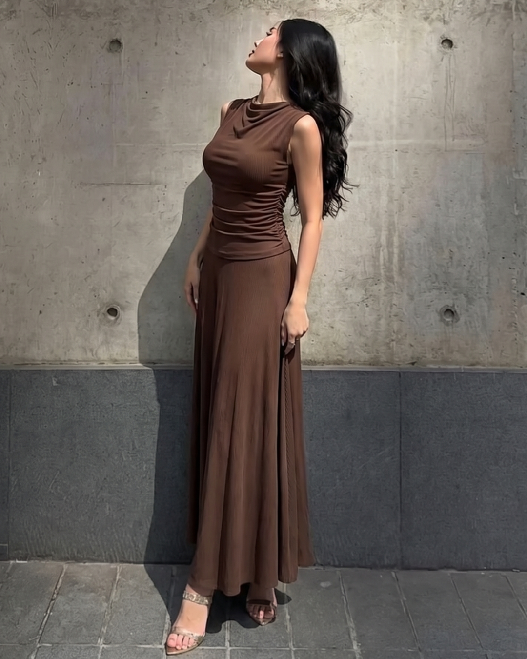 coord sets,tops,casual,summer,knitted, stretchable,ribbed,brown,solid,gathered,skinny fit,fitted,regular,crew neck,long sleeves,24110027GG, OY305