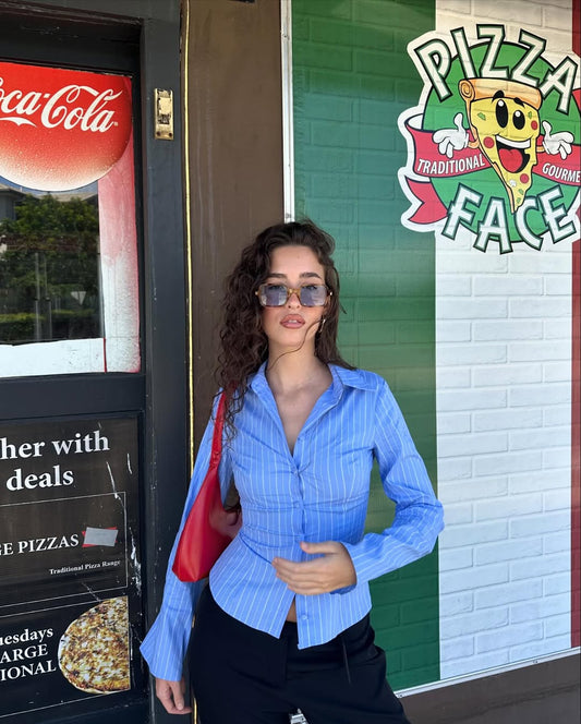 topwear,shirts,formal, semi-formal,minimal, streetwear,woven,polycotton,blue,stripes,regular fit,regular,straight hem,collared,flared sleeves,long sleeves,PINSTRIPES FLARED SLEEVES SHIRT,OY1021,24110028GG