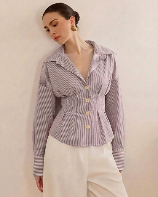 Brown Stripe Shirt With Cinched Waist