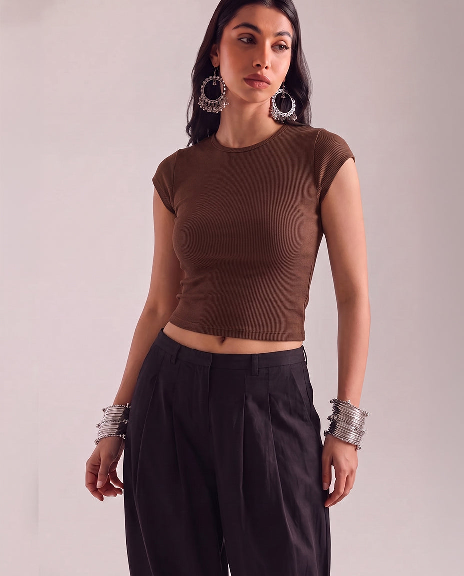 Brown Cap Sleeve Crop Top