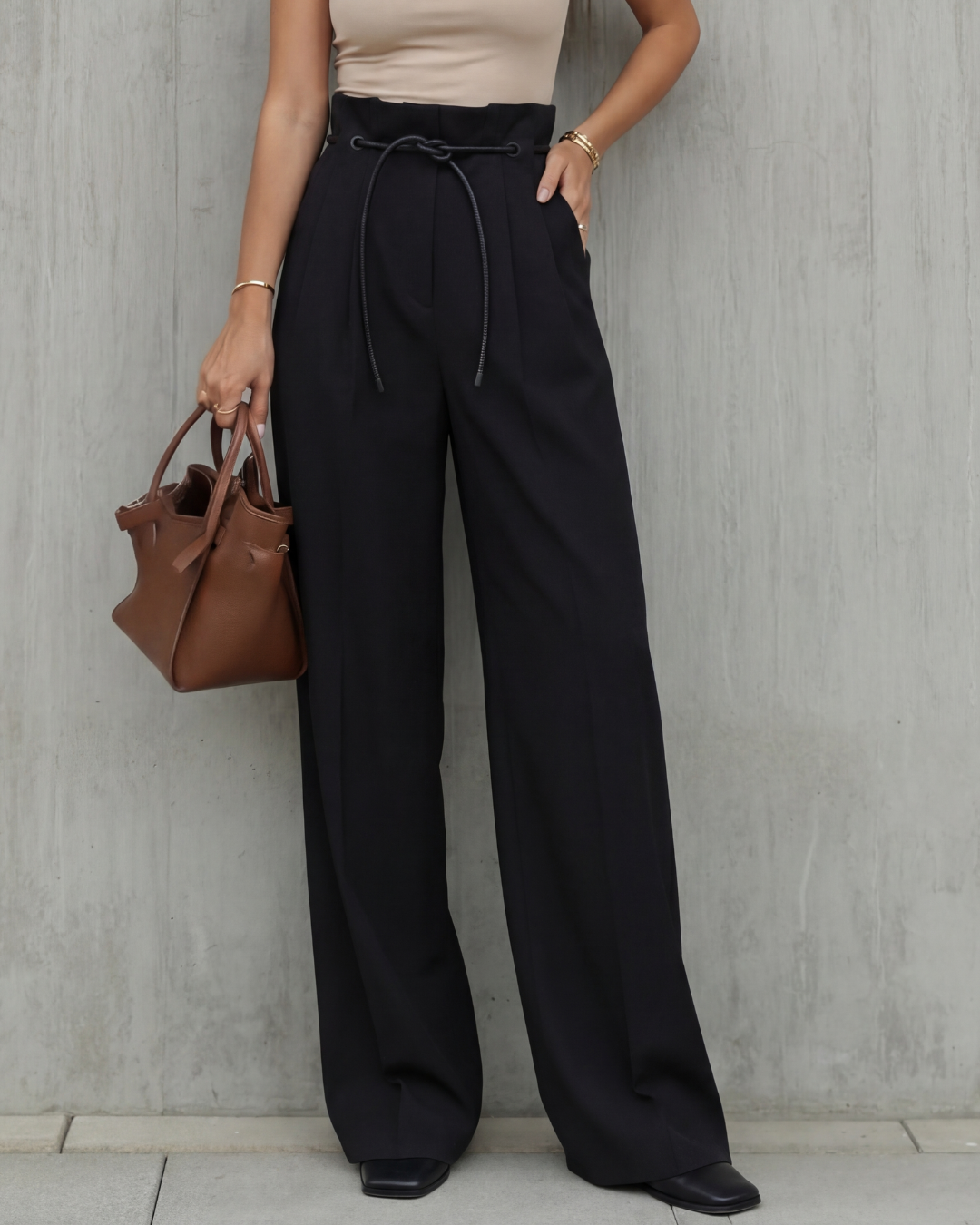 Black Tie Knot Detail Wide Leg Trouser