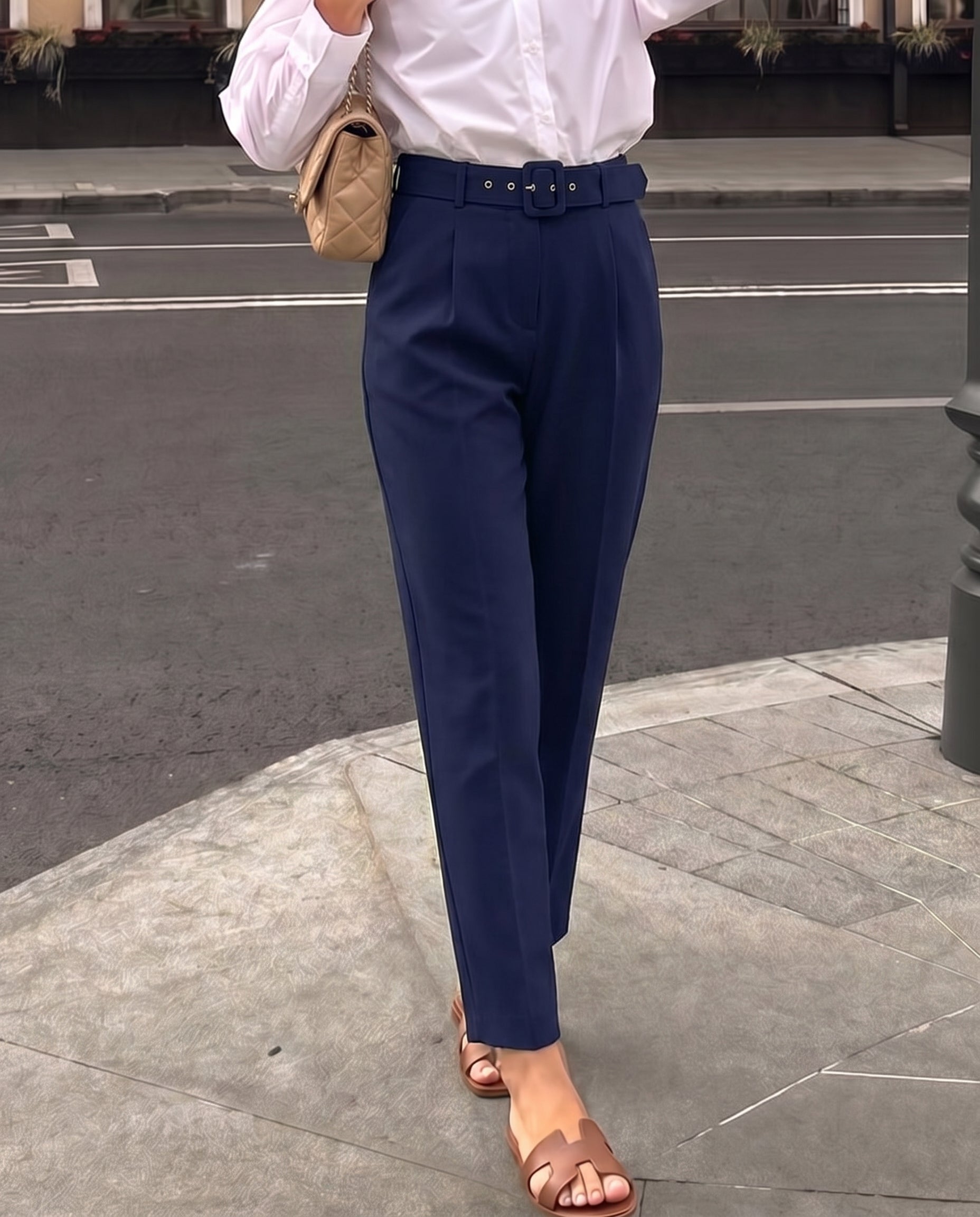 Belted Tapered Pants With Belt - Dark Blue – Oyela
