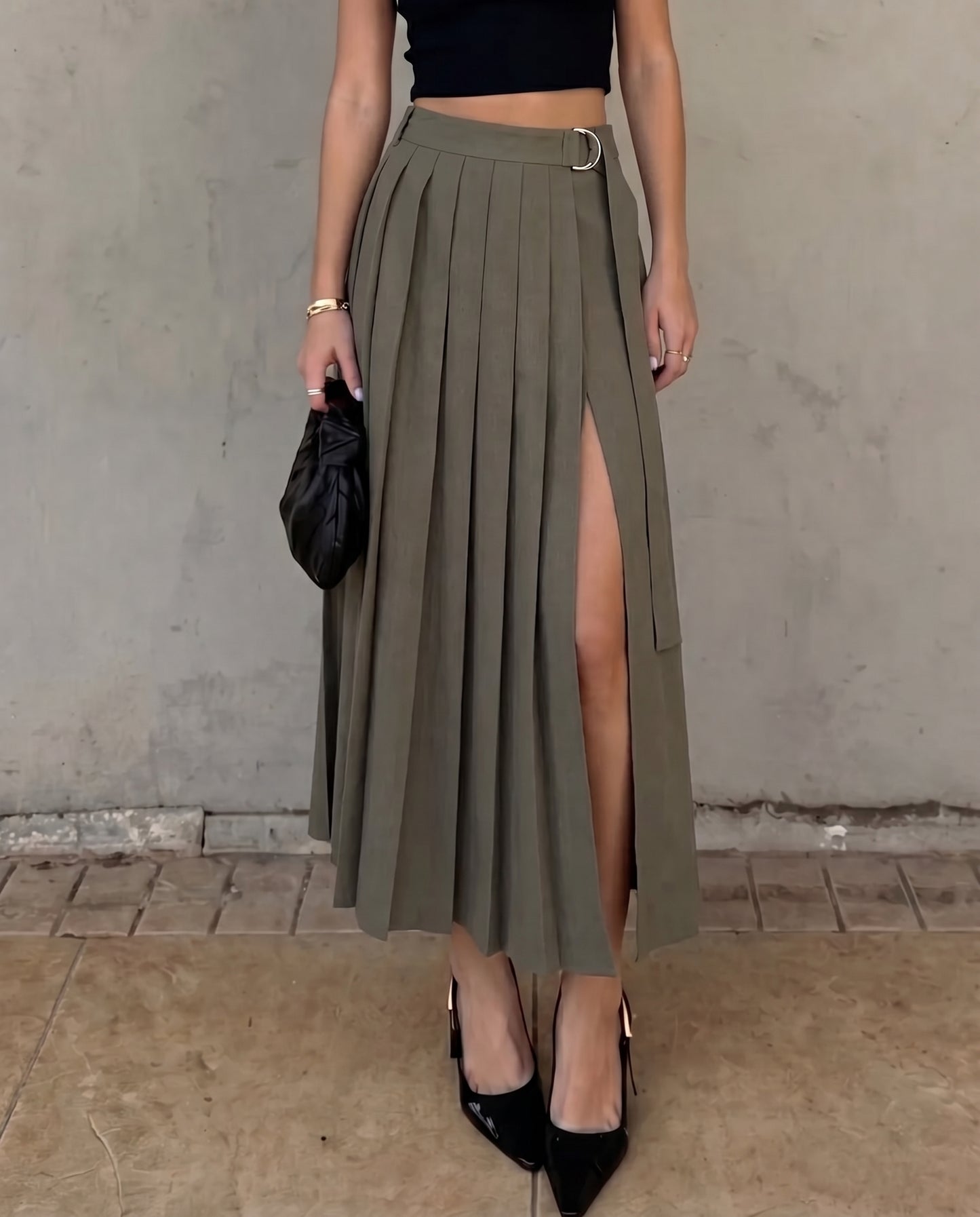 Vintage Pleated Slit Skirt