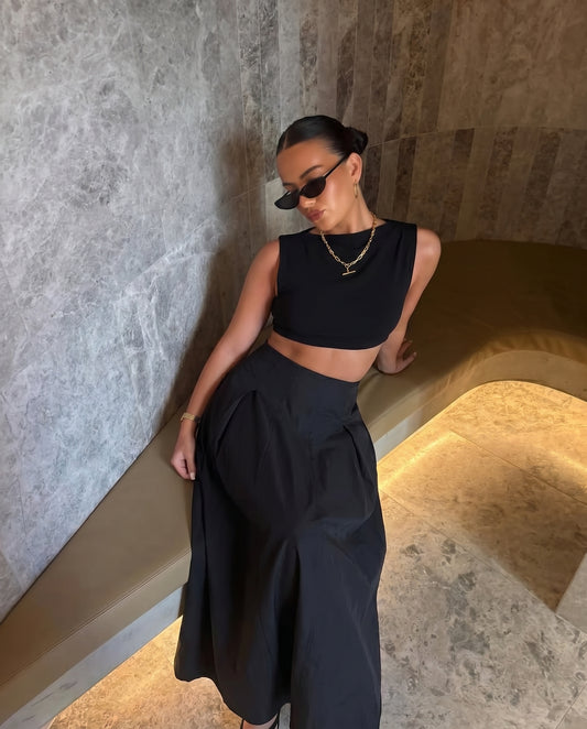 coord sets,bottomwear, topwear,casual chic, vacation, outdoor events, summer,genz fit,woven,cotton,panels,black,solid,panelling,,,relaxed fit top,tank top,crop length top,curve hem top,boat neck,no straps ,no sleeves,sleeveless,slip on,skirts,bubble skirt,full length,bubble hem,mid rise waist,side pockets, OY3059, 25070028GG