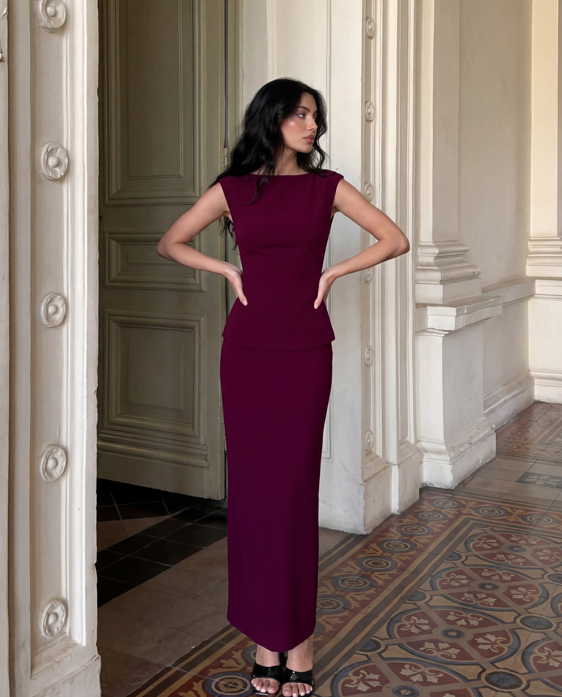 coord sets,bottomwear, topwear,semi-formal, outdoor events, casual chic, summer,urban fit, genz, minimal,knitted,kenzo ribbed,,,dark brown,solid,,,,,slim fit top,fitted top,waist length top,slit hem,boat neck,no straps,sleeveless,sleeveless,slip on top,skirts,straight skirt,maxi length,straight hem,mid rise waist,no pockets	,OY3043, 25070016GG