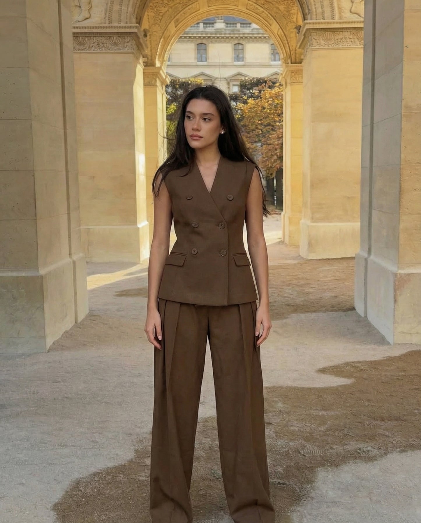 coord sets,bottomwear, topwear,formal, semi-formal, summer,urban fit, genz, minimal,woven,cotton twill,,,brown,solid,double breasted,buttons,regular fit top,waistcoat,longline top,straight hem,v neck,no straps ,no sleeves,sleeveless,button up top,pants,wide leg pants,full length,straight hem,mid rise waist,side pockets,OY3056, 25070026GG