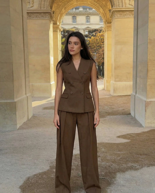 coord sets,bottomwear, topwear,formal, semi-formal, summer,urban fit, genz, minimal,woven,cotton twill,,,brown,solid,double breasted,buttons,regular fit top,waistcoat,longline top,straight hem,v neck,no straps ,no sleeves,sleeveless,button up top,pants,wide leg pants,full length,straight hem,mid rise waist,side pockets,OY3056, 25070026GG