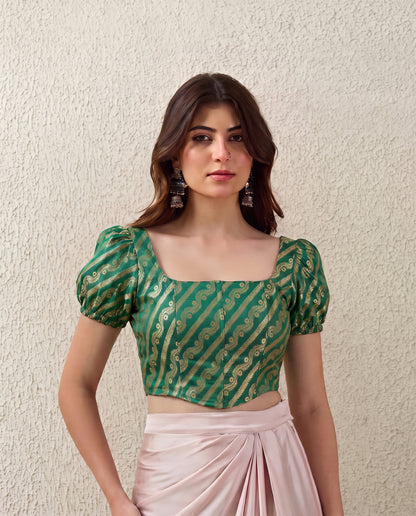 Emerald Green Puff Sleeves Brocade Corset Top