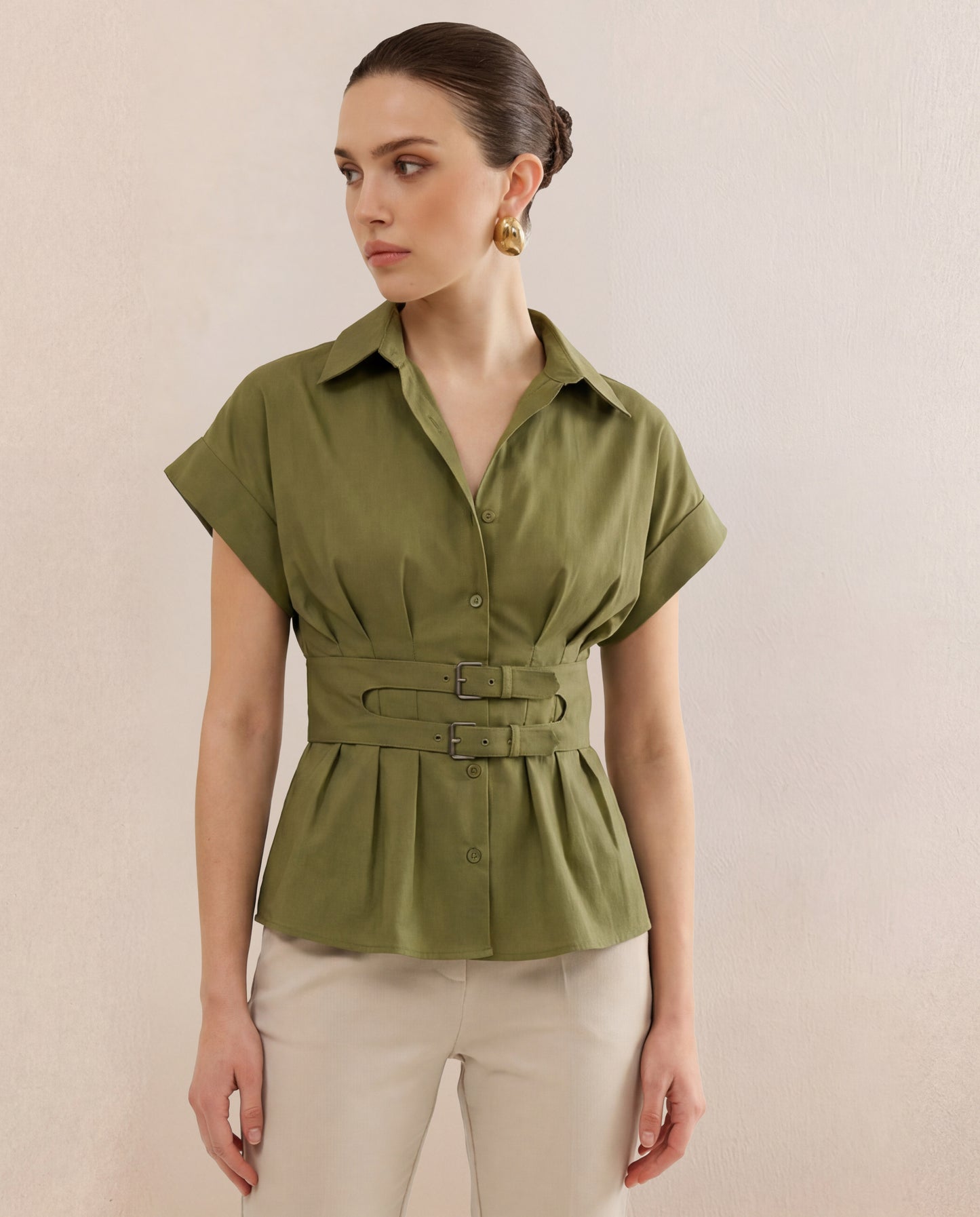 Olive Pleated Belted Shirt