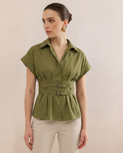 Olive Pleated Belted Shirt