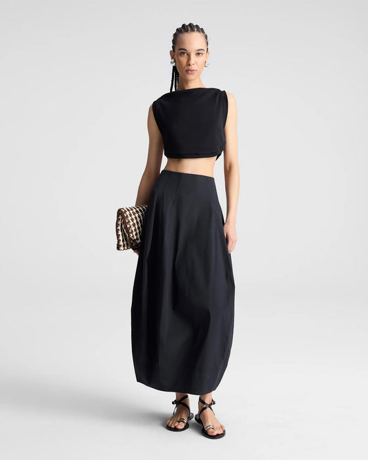 coord sets,bottomwear, topwear,casual chic, vacation, outdoor events, summer,genz fit,woven,cotton,panels,black,solid,panelling,,,relaxed fit top,tank top,crop length top,curve hem top,boat neck,no straps ,no sleeves,sleeveless,slip on,skirts,bubble skirt,full length,bubble hem,mid rise waist,side pockets, OY3059, 25070028GG