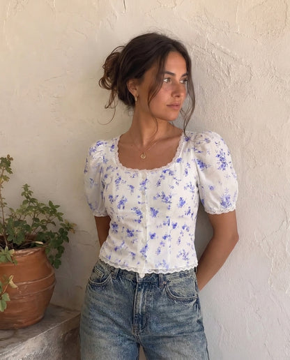 White Florals Lace-Trim Fitted Button-Up Top
