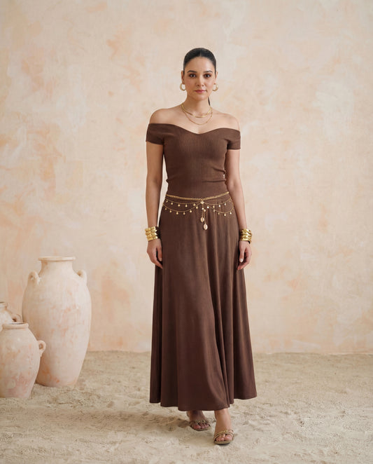 Brown Ribbed Knit Off Shoulder Top And Maxi Skirt Set