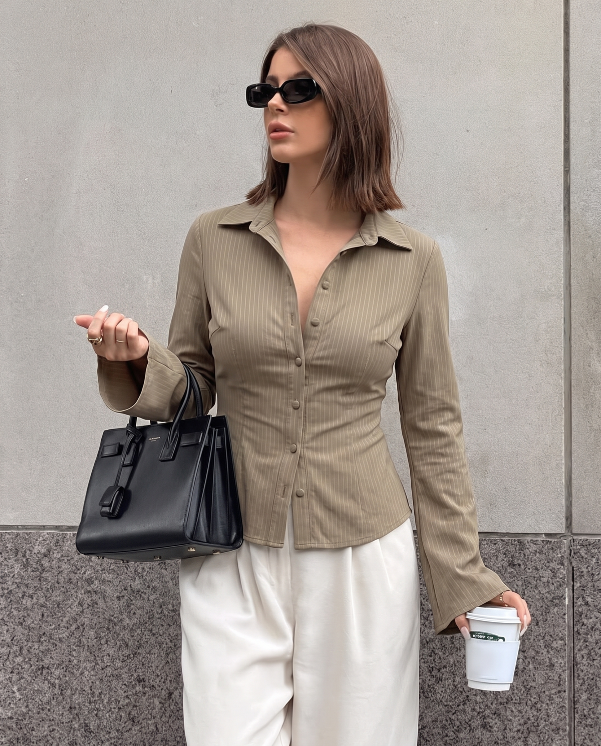 Beige Pinstripes Flared Sleeves Shirt
