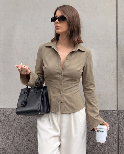 Beige Pinstripes Flared Sleeves Shirt