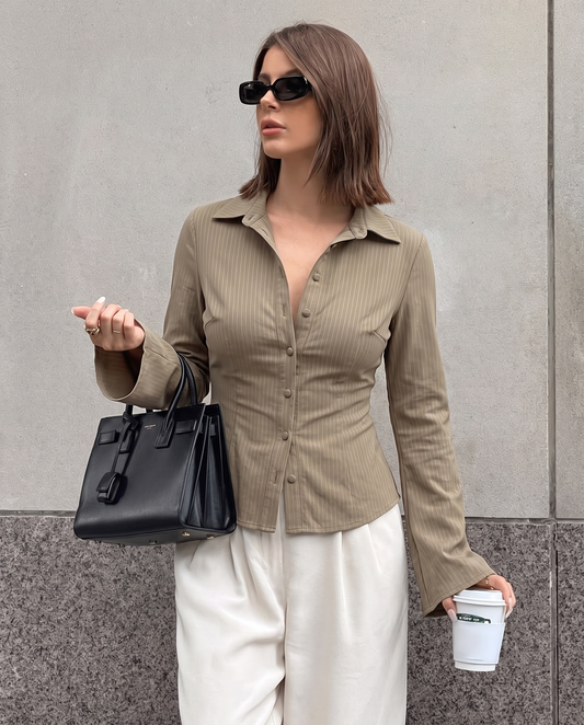 Beige Pinstripes Flared Sleeves Shirt