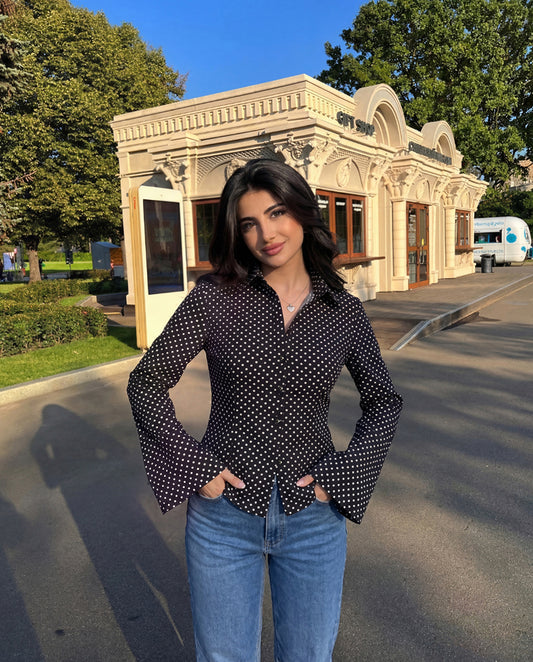 Black Polka Dot Flared Sleeve Fitted Shirt