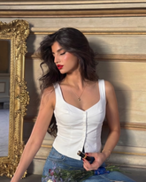 button-up-fitted-top,WHITE FITTED TOP,topwear,tops,semi-formal,minimal,woven,poplin,white,solid,button,tailored fit,fitted,regular,diamond neck,sleeveless