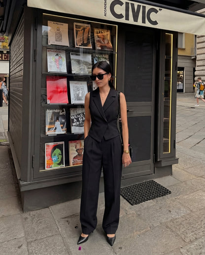 Notch Collar Waist Coat And Korean Trousers - Black