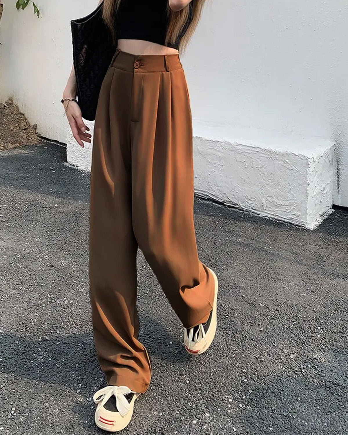 bottomwear,trousers,semi-formal,workwear,stretchable,polyester, spandex,rust,pleated,relaxed fit,wide leg,full length,high rise,Color: Rust
Fabric: 95% poly 5% spandex
Fit: Relaxed Fit 
Length: Full Length(40")
Waist: High Rise 
Closure: Zip & Button
No. of Pockets: 2
Print: Solid,KNIFE PLEATS KOREAN TROUSERS