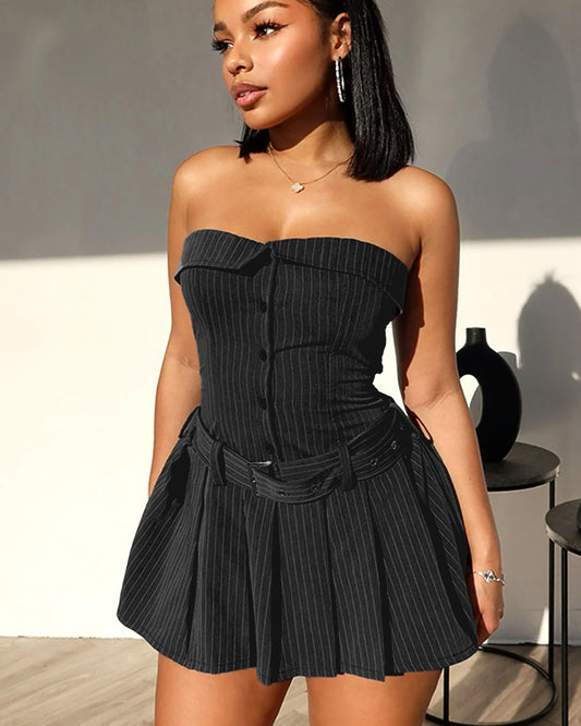 dresses,dresses,casual, outdoor event, statement,gen z, summer, streetwear,woven,poly cottonblack,pinstripe, stripes,pleated,butt,on,tailored fit,fit and flare,mini,straight hem,off shoulder neck,sleeveless,elasticized back	OY2008,25060040GG