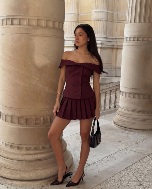 Off Shoulder Top And Pleated Skirt Set