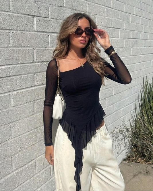 Asymmetric Ruffled Mesh Top - Black