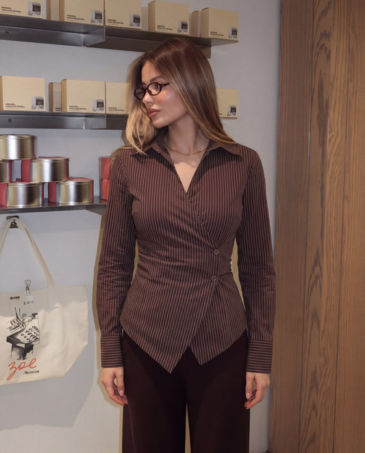 Sculpted Wrap Pinstripe Shirt - Brown