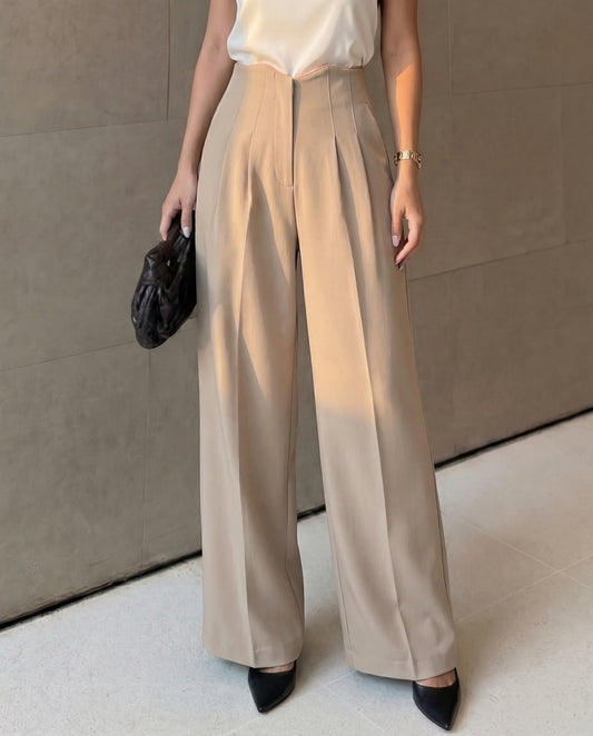 bottomwear,pants,semi-formal,business outfit,stretchable,polyester, spandex,beige,pleated,straight fit,straight,full length,high rise	24090009GG, oy956