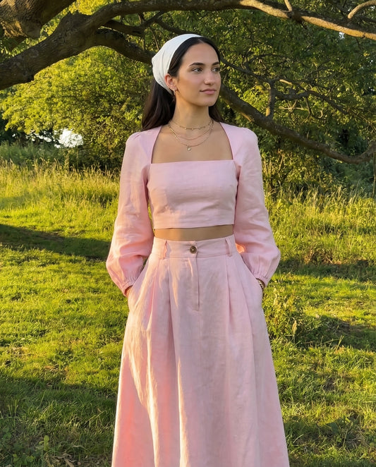 Soft Pink Balloon Sleeves Linen Top and Skirt Set
