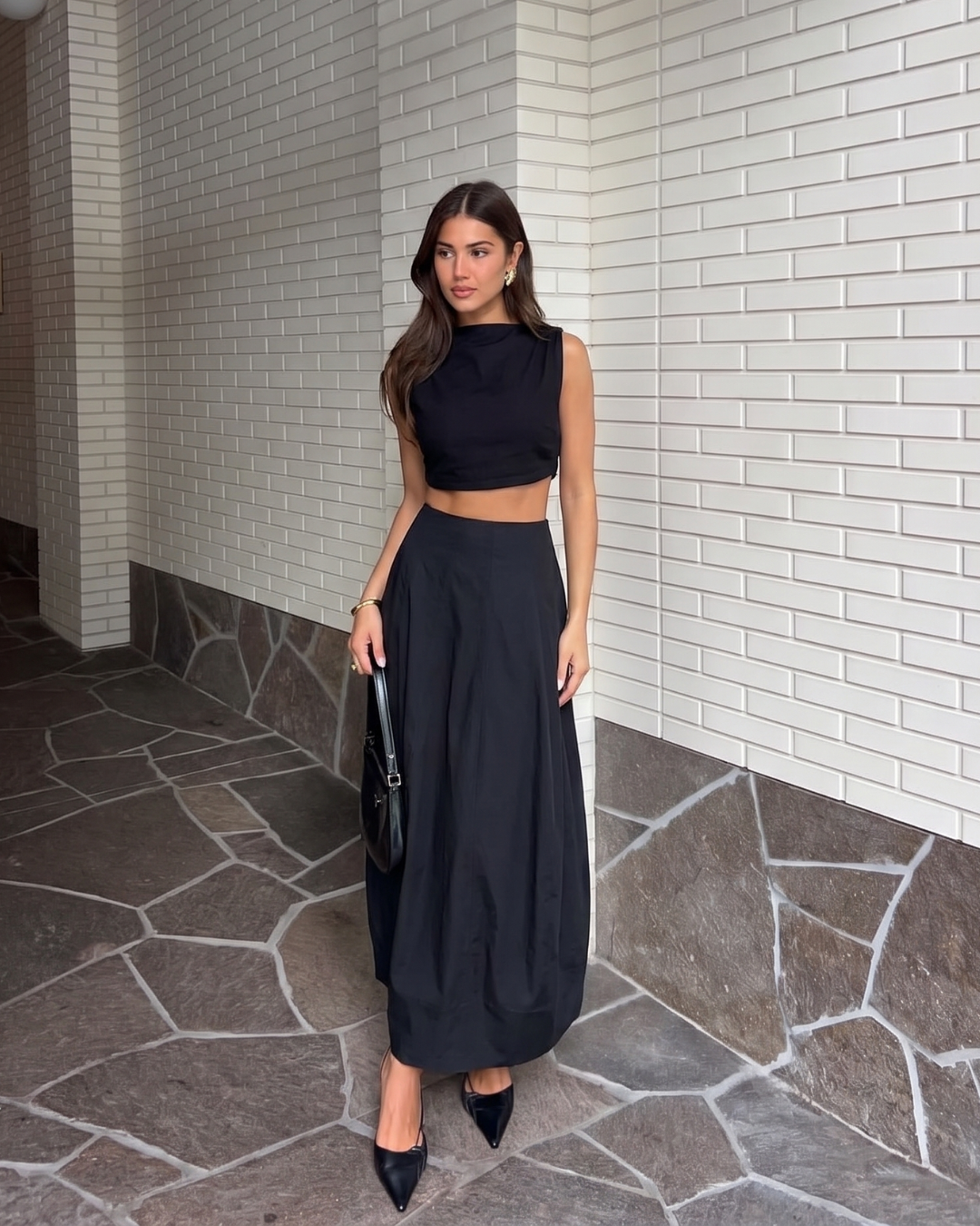 coord sets,bottomwear, topwear,casual chic, vacation, outdoor events, summer,genz fit,woven,cotton,panels,black,solid,panelling,,,relaxed fit top,tank top,crop length top,curve hem top,boat neck,no straps ,no sleeves,sleeveless,slip on,skirts,bubble skirt,full length,bubble hem,mid rise waist,side pockets, OY3059, 25070028GG