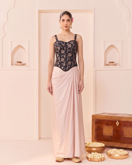 Black Gold Brocade Corset Top & Satin Skirt Set