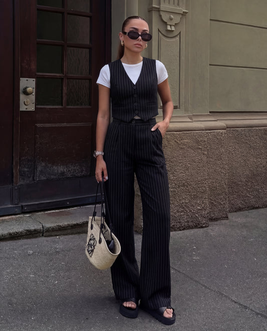 Black Pinstripe V Neck Vest and Pant Set
