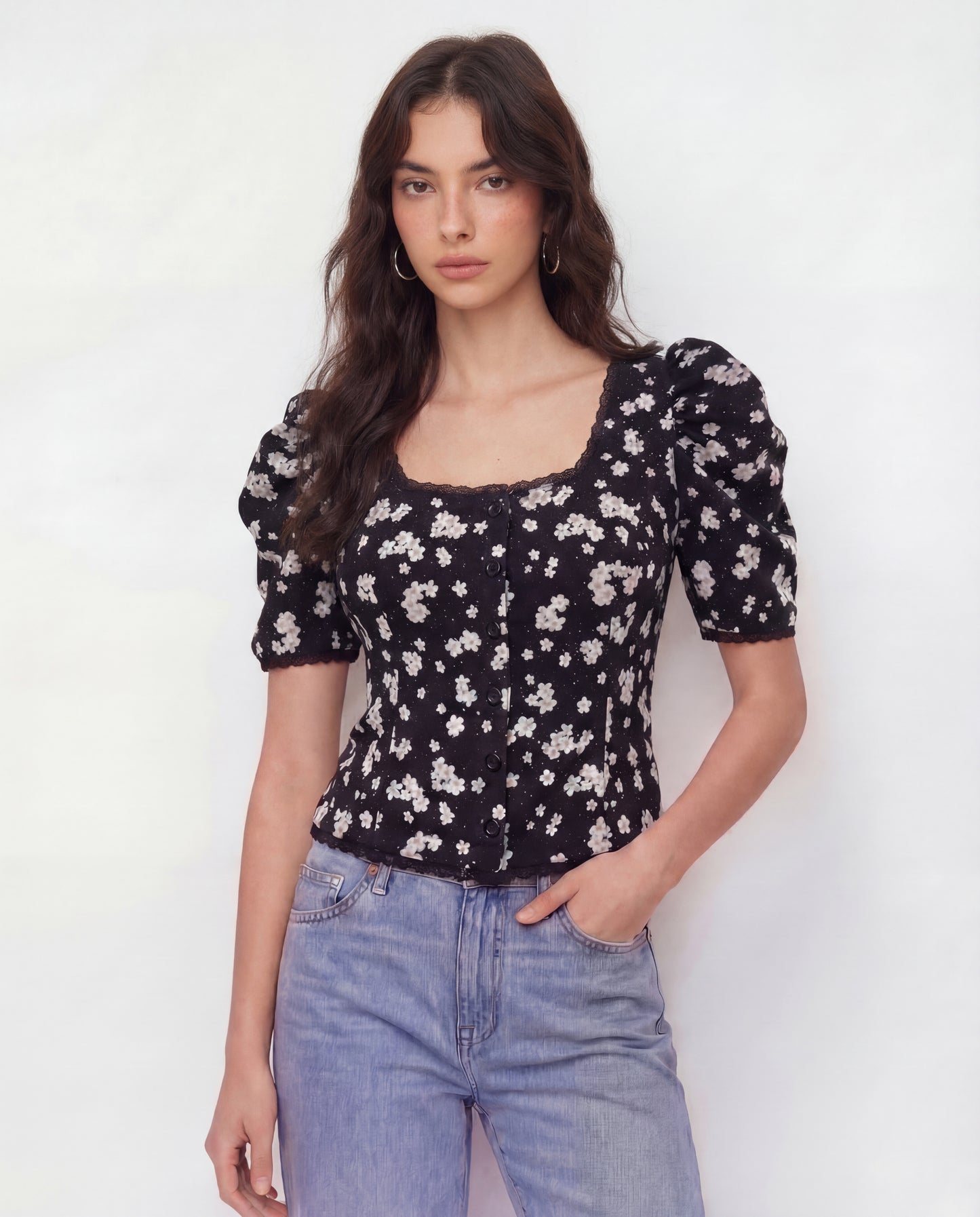 Black Florals Lace-Trim Fitted Button-Up Top
