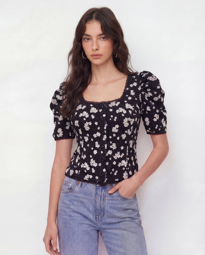 Black Florals Lace-Trim Fitted Button-Up Top