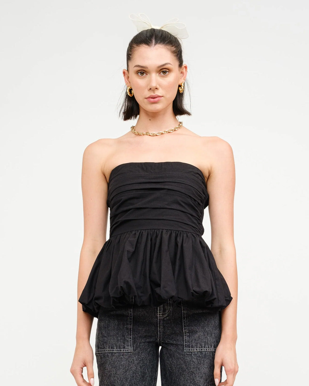 topwear,tops,vacation, outdoor events,bold, glam, summer,woven,cotton,black,solid,gathered, ruched,skinny fit,balloon top,hip length,bubble hem,off shoulder,sleeveless, OY1903	, 25060003GG
