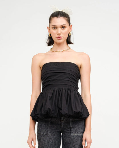 topwear,tops,vacation, outdoor events,bold, glam, summer,woven,cotton,black,solid,gathered, ruched,skinny fit,balloon top,hip length,bubble hem,off shoulder,sleeveless, OY1903	, 25060003GG