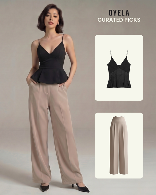 Black Spaghetti Cotton Top and Corset Waist Pleated Pants