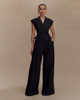 coord sets,bottomwear, topwear,formal, semi-formal, summer,urban fit, genz, minimal,woven,cotton,,,black,solid,panelling,tie up string,regular fit top,waist coat,waist length,straight hem,lapel collar,no straps,no sleeves,no sleeves,tie up top,pants,wide leg pants,full length,straight hem,mid rise waist,pockets	25070025GG, Oy3054