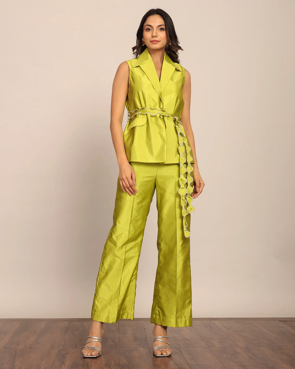 coord sets,bottomwear, topwear,ethnic, party, outdoor events,festive, glam, indo western, summer,woven,taffeta,overlock sitiching,lime green,solid,scalloped,button,relaxed fit top,waist coat,longline top,straight hem,lapel collar,no straps,no sleeves,sleeveless,button up,pants,straight pants,full length,straight hem,mid rise waist,2 pocket,oy3024,25070057GG