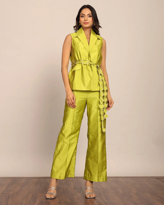 coord sets,bottomwear, topwear,ethnic, party, outdoor events,festive, glam, indo western, summer,woven,taffeta,overlock sitiching,lime green,solid,scalloped,button,relaxed fit top,waist coat,longline top,straight hem,lapel collar,no straps,no sleeves,sleeveless,button up,pants,straight pants,full length,straight hem,mid rise waist,2 pocket,oy3024,25070057GG
